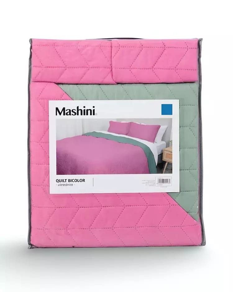 Cubrecama Quilt 2 Plazas Microfibra Bicolor Rosado-Verde Mashini